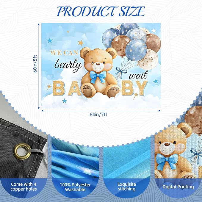 Bear Baby Shower Backdrop 7x5FT, We Can Bearly Wait Party Banner, Watercolor Sky Blue Balloons Bear Theme Background, Baby Shower Decoration for Newborn Photo Props Props