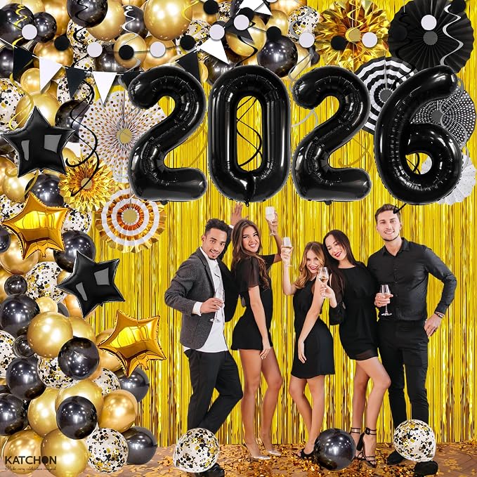 KatchOn, Happy New Years Decorations 2026 Black and Gold Set - Big Pack of 115 | Happy New Year Balloon Arch Kit | Black 2026 Balloons, Fringe Backdrop | New Years Eve Party Supplies 2026