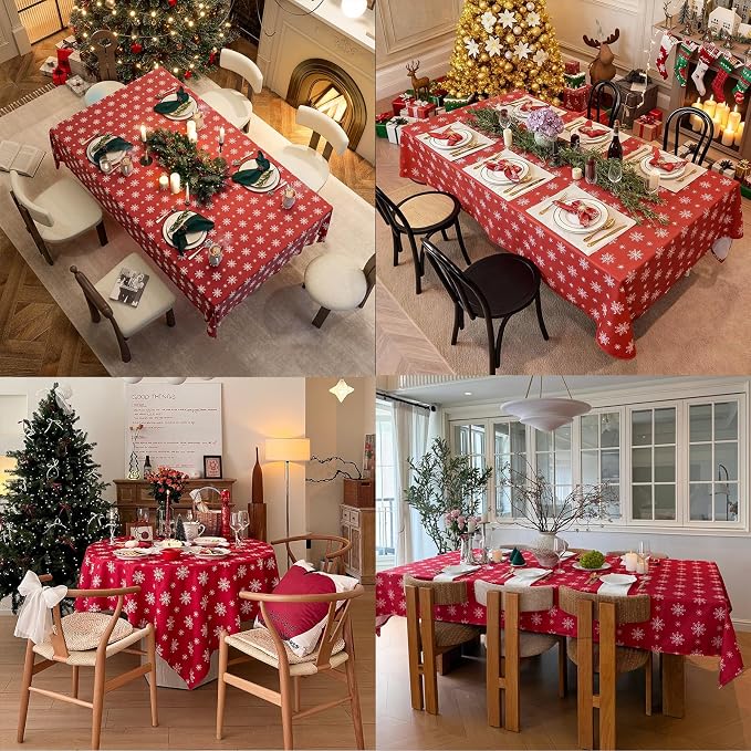 Red Tablecloth, Rectangle Table Cloh with Snowflake Decorations, Spillproof Cotton Linen Fabric Table Cover for Holiday, Winter, Party, Christmas - 60''x120''