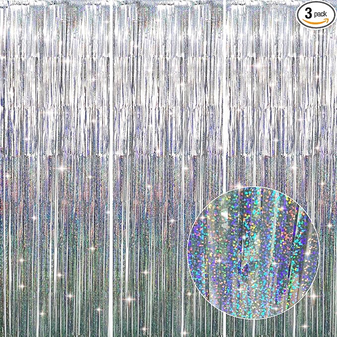 GOER 3.2 ft x 8.2 ft Metallic Tinsel Foil Fringe Curtains Party Photo Backdrop Party Streamers for Birthday,Graduation,New Year Eve Decorations Wedding Decor (3 Pcs, Shiny Silver)