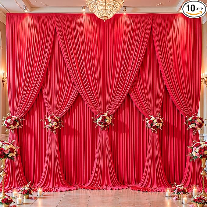10 Panels Red Backdrop Curtains - Wrinkle Free Fabric Backdrop Curtain for Photoshoot, 10FT Wedding Party Photo Backdrop Drapes for Birthday Baby Shower Photography Stage Background Decorations