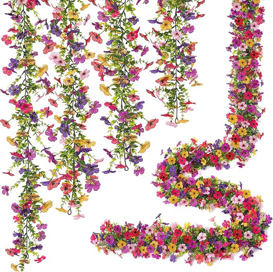 Ammyoo Artificial Flowers Garland Ivy, 4 Pack 5.9 FT Spring Summer Decor UV Resistant Fake Mums Floral Vine Silk Daisy Hanging Flower for Home Garden Wedding Decor Photo Booth Backdrop(Mix)