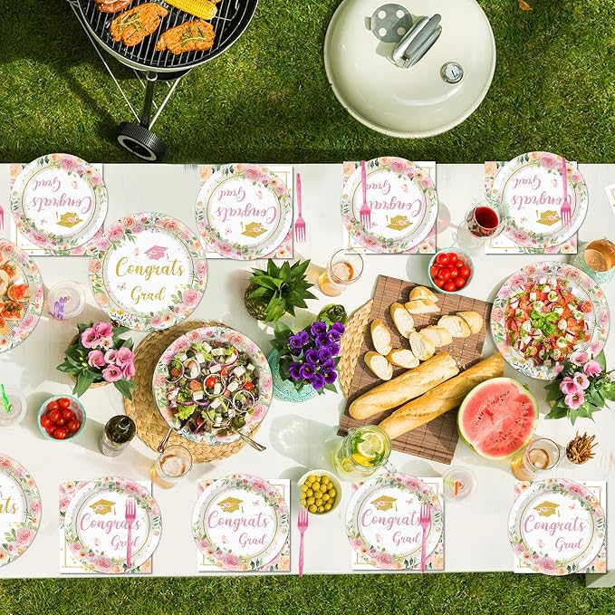 96Pcs Class of 2026 Graduation Party Supplies Floral Congrats Grad 2026 Plates and Napkins Pink Bachelor Cap Grad Tableware Disposable Dessert Dinnerware for Women Graduation Party for 24 Guests