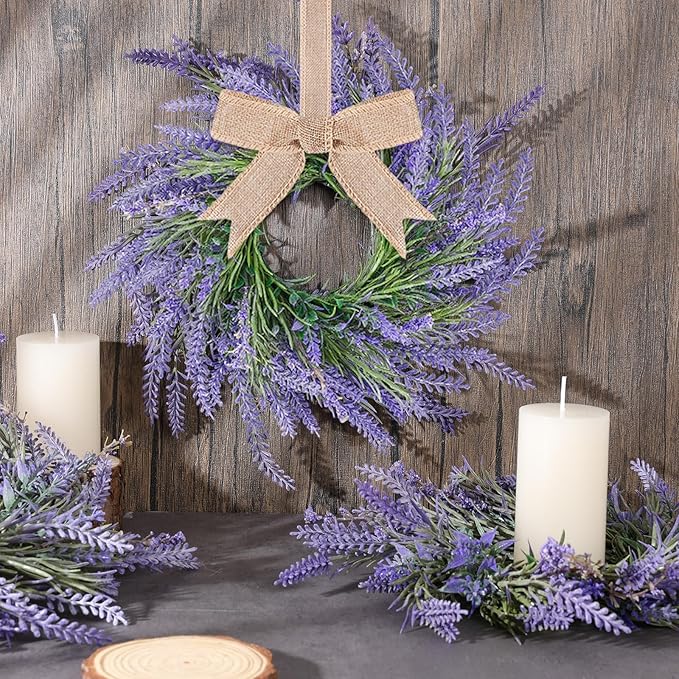 4 PCS Spring Wreath for Front Door Lavender Candle Ring Wreaths Mini Purple Table Centerpieces 9 Inch Floral Wreaths for Pillars Cabinets Farmhouse Spring Summer Wedding Party Home Decor