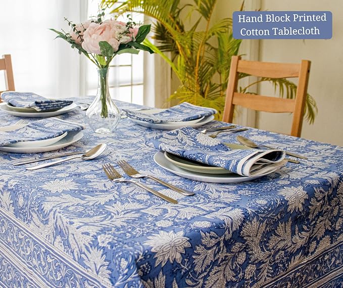 Block Print Table Cloth- 60x120 Inch Rectangle 100% Cotton Handmade Pre-Shrink, Washable for Spring, Kitchen & Dining Perfect for Patio, Indoor & Outdoor, Farmhouse