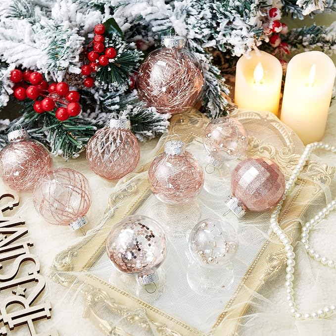CristBest 30ct Christmas Ball Ornaments-60mm/2.36" Shatterproof Clear Plastic Xmas Balls Baubles Set with Stuffed Delicate Sparkling, Hanging Christmas Tree Decorations(Rose Gold)