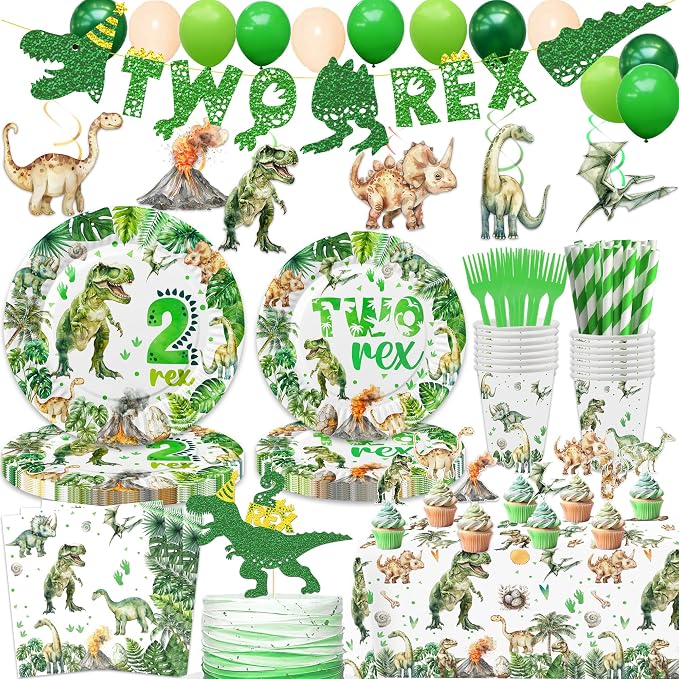 206 Pcs Dinosaur 2nd Birthday Party Supplies, Green Dino Two Rex Birthday Decorations, 20 Serves Include Paper Plates, Cups, Napkins, Tablecloth, Cake Topper, Swirls, Banner, Balloons for Boys