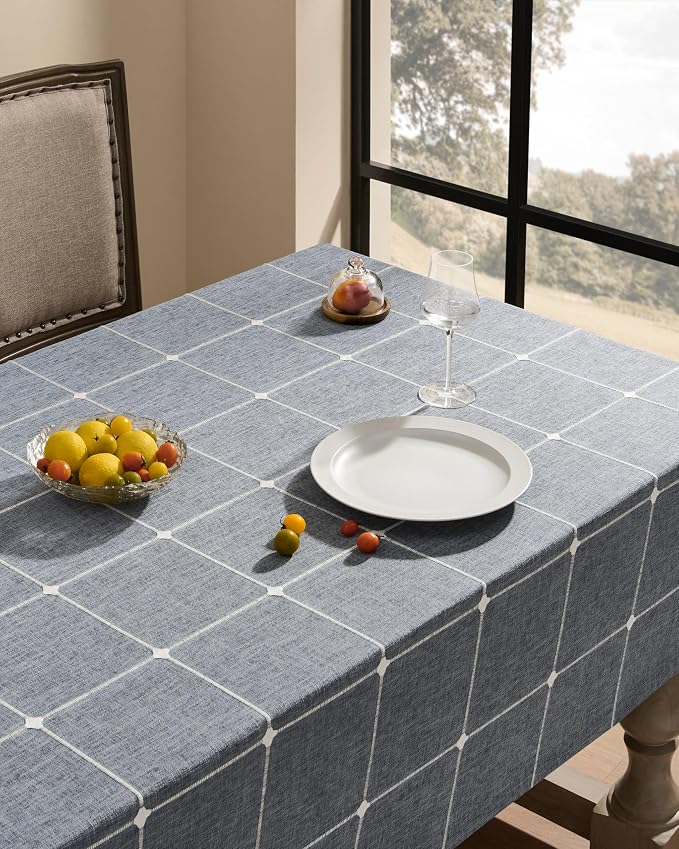 ZeeMart Grid Embroidered Hemmed Tablecloths, Blue Ashes 60x84 Inch, Farmhouse Style Heavy Weight Cotton Linen Blue Grey Tablecloths, Boho Plaid Water Resistant Rectangle Table Cloth