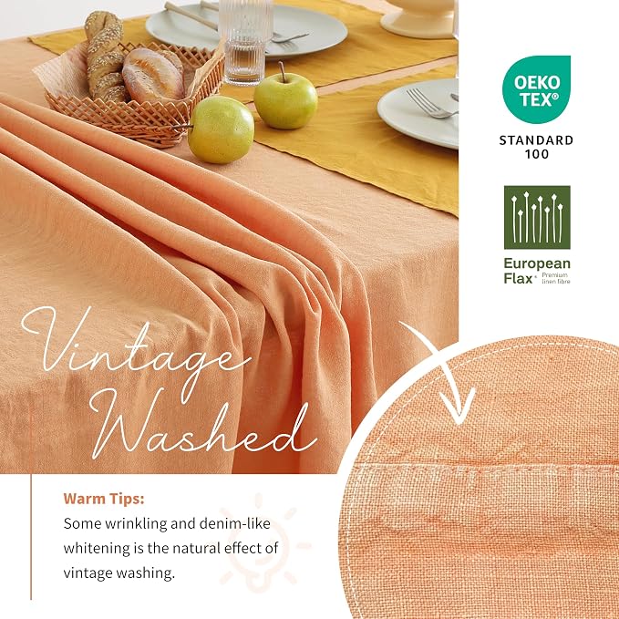 Linen World Vintage Tablecloths 60x120 Inch,100% French Linen Tablecloth,Classic Vintage Washed Table Cloths for Kitchen,Outdoor,Weddings,Decorative Thanksgiving Christmas,Pale Peach