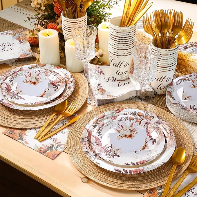 Shellwei 410 Pcs Fall in Love Bridal Shower Decorations Boho Floral Paper Plates and Napkins Set Disposable Party Tableware Sets with Cups Knives Forks Spoons Seat Card Favors for 50 Guests