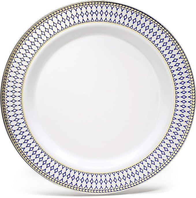OCCASIONS 50 Disposable Plastic Plates for 25 Guests, Heavy Duty 10.5" Dinner & 7.5" Salad/Dessert, Fancy Wedding Party Dinnerware Set, China-Like Look, BPA Free Recyclable (Odyssey White/Blue & Gold)