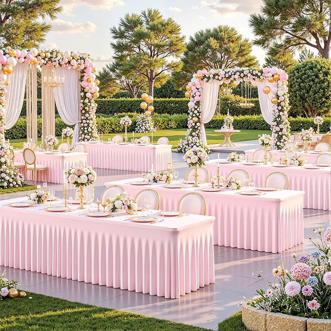 Suppromo 8ft Pink Spandex Table Cloths for Rectangle Tables Wrinkle Free Pink Rectangle Tablecloths Stretch Fitted Table Cover with Skirt for Baby Shower Girl Birthday Party Wedding Banquet Buffet