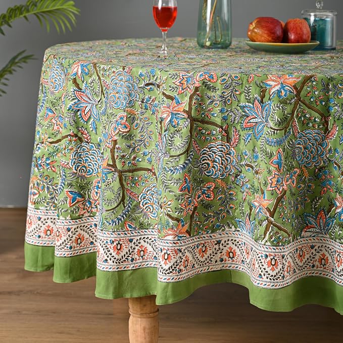 Hand Block Printed Tablecloth – Colorful Floral Print | 100% Cotton | Indian Artisan Handmade Art | Dining Room, Kitchen, Outdoor Décor, (Forest Ash Elegance, 4 Seater 60 Inches Round)