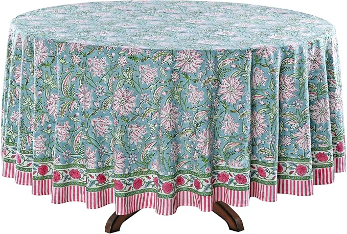 Ridhi Round Tablecloth Hand Block Print 100% Cotton Reusable Turquoise Blue 110 Inch Table Cover Decorative Everyday Use for Dining, Home, Party, Wedding, Farmhouse Gift for Spring, Mother's Day