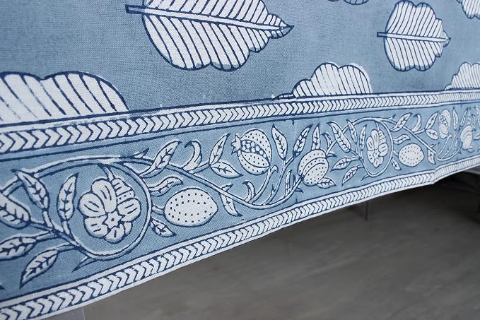 Ridhi Stone Blue Hand Block Print Cotton Rectangle Tablecloth 120" x 80" inches Reusable Table Cover Decorative Everyday Use for Dining Room, Farmhouse, Home Gift for Spring, Mother's Day