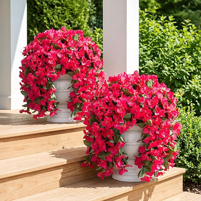 Faux Bougainvillea Artificial Flowers Plants for Outdoors Outside Decoration, 2 PCS Fake Flowers Silk Long Trailing Vines UV Resistant Realistic for Front Door Porch Planter Urn Patio Balcony Hot Pink