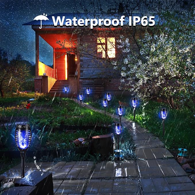 Toodour Solar Torch Flame Lights, 12 Pack Solar Lights Outdoor with Flickering Flame, Waterproof Patio Light Landscape Decoration Lighting for Garden, Lawn, Yard, Outdoor Decorations - Blue