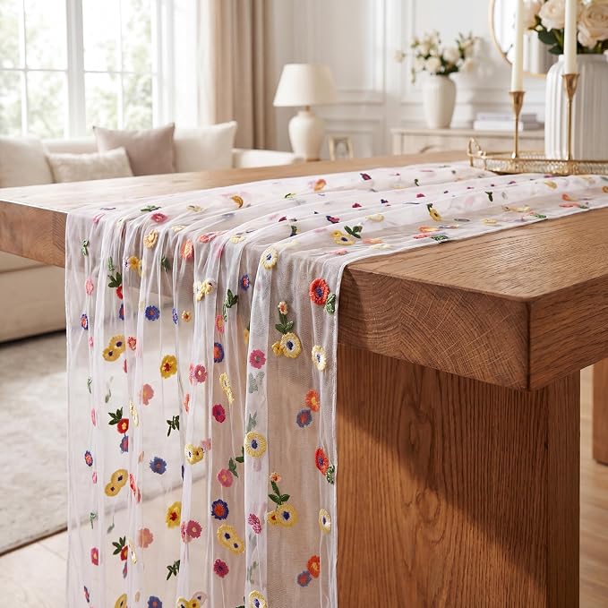 Floral Table Runner 30 x 120 Inch, 1 Pack Ivory White Embroidered Daisy Sheer Tulle Gauze Table Runner for Wedding, Birthday Tea Party, Home Dining Decor