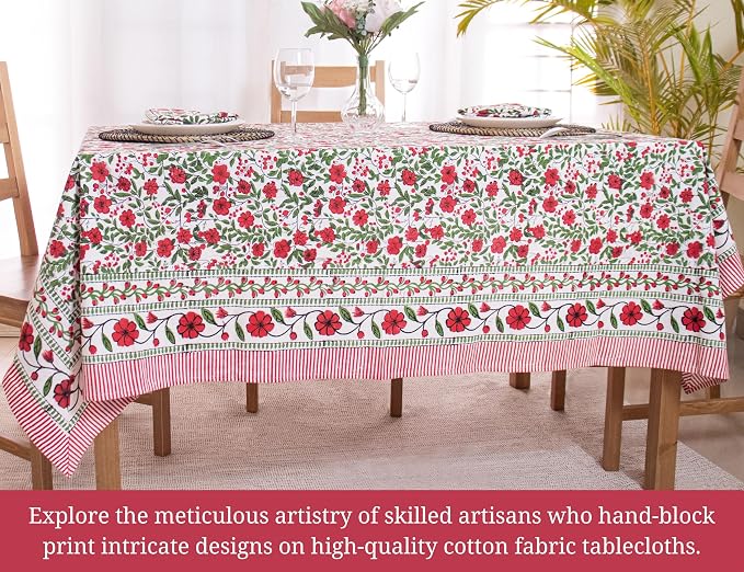 Block Print Table Cloth- 54x108 Inch Rectangle 100% Cotton Handmade Pre-Shrink, Washable for Spring, Kitchen & Dining Perfect for Patio, Indoor & Outdoor, Farmhouse