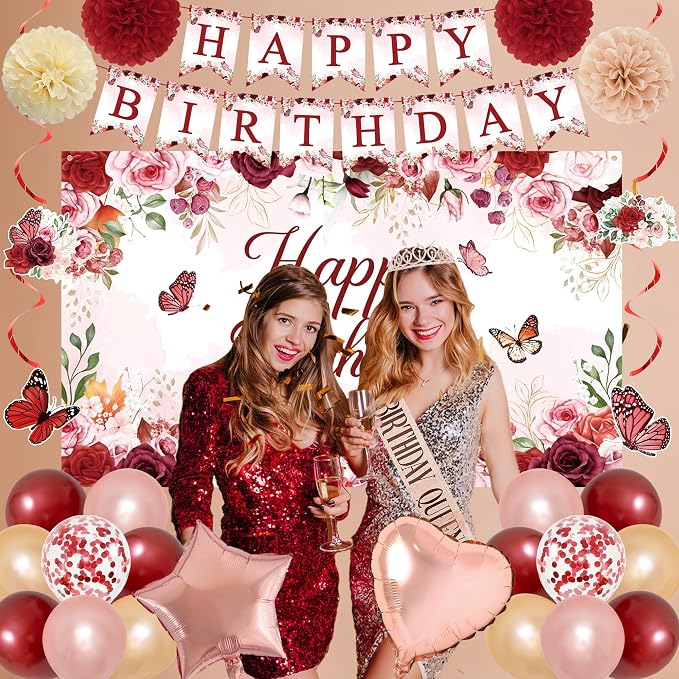 Trgowaul Birthday Decorations Party Set for Women, Rose Gold Flower Peony Banner Photography Backdrop, Hanging Swirls, Sash and Tiara, Floral Theme Birthday Party Supplies