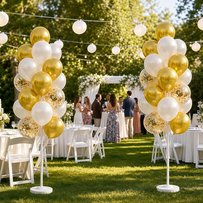 Hiins Balloon Column Kit Set of 2 With Metallic Gold Confetti&White Balloons - with Base,Pole,Balloon Tower Decoration for Graduation Wedding,Baby Shower,Birthday Party,Bachelorette Party