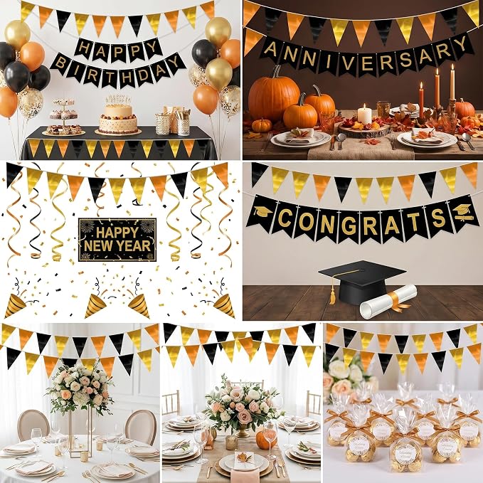 40M/130FT Black Gold Orange Triangle Pennant Banner Flag Metallic Fabric Bunting Garland for Christmas Wall Hanging,Graduation Decorations, New Years Decorations,Father' Da