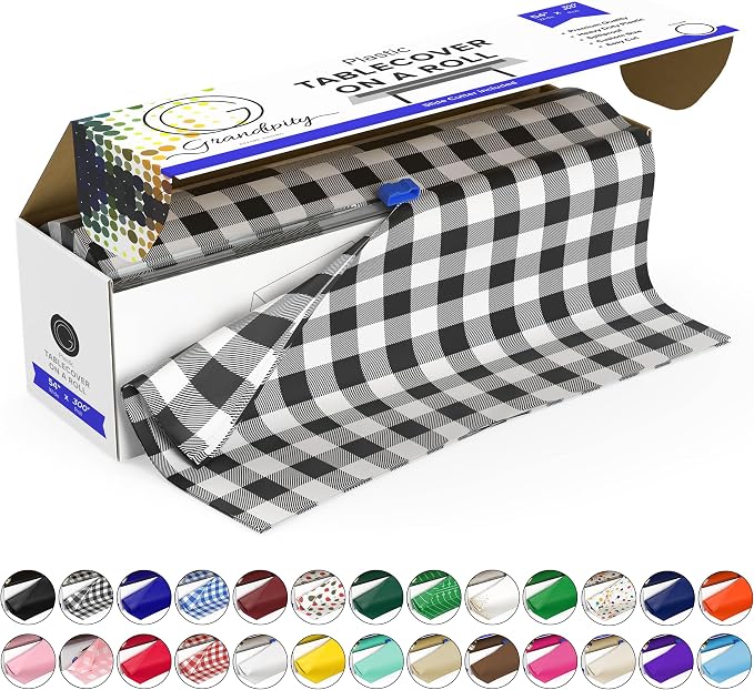 Grandipity Plastic Tablecloth Roll - 54in x 300 Ft. Black Gingham Plastic Table Cloths Disposable with Cutter Box - Cut to Size Disposable Tablecloth Table Cover for Rectangle & Round