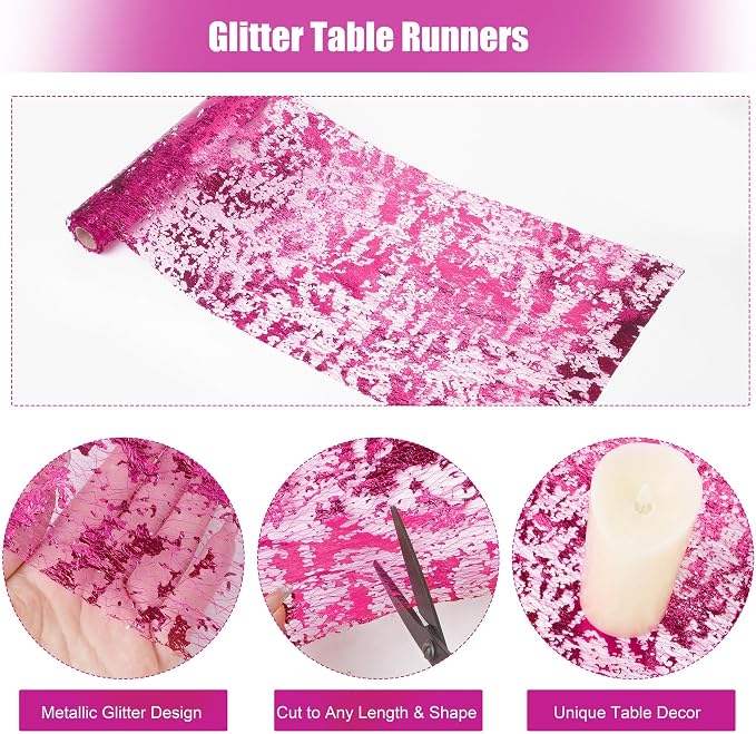 Aneco 12 Pieces Metallic Glitter Table Runner 84 x 11 Inches Hot Pink Glitter Mesh Table Runners Sparkle Rectangle Runner Roll Decorations for Wedding Baby Shower Birthday, DIY Home Decor