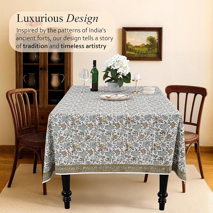 CPC Tablecloth 100% Cotton 60x60 Inch Indian Block Print Square Table Cover, Table Cloth for Weddings, Spring/Summer, Barbeque - Harvest Bloom