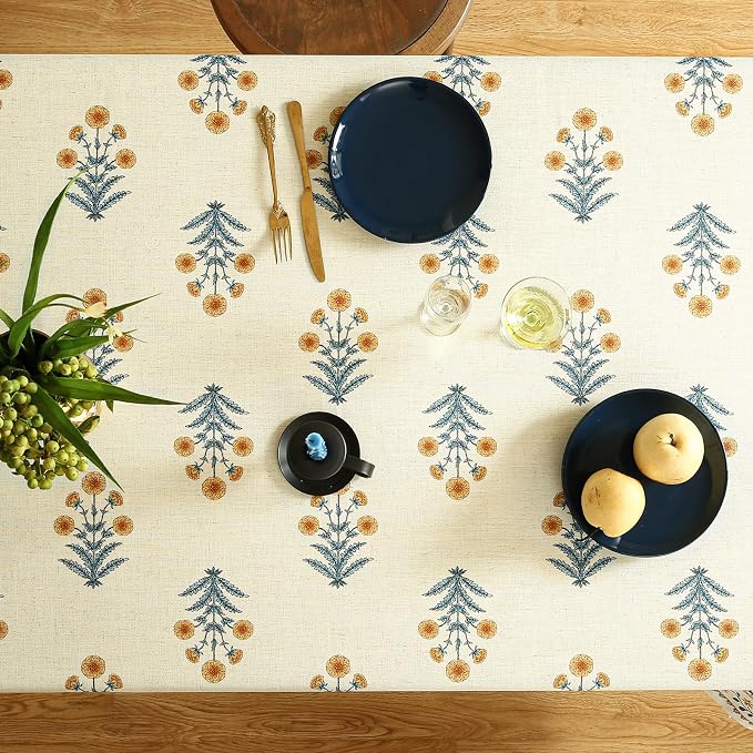 ISAENNE Designer French Linen Rectangular Tablecloth,102"x63"-Estevan A | Vintage Elegant Printed Table Cloth for Rectangle Table,Pale Yellow Floral Pattern,Decor,Dining Room,Kitchen,Thanksgiving