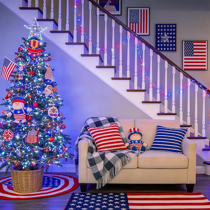 JMEXSUSS 33ft 100 LED Red White and Blue Lights Outdoor, 4th of July Lights Battery Operated with Remote, 8 Modes Patriotic Decorations for Indoor Outside Independence Day American Flag Holiday