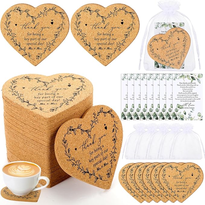 100 Sets Rustic Wedding Favor Coasters, Heart Cork Coasters for Guests, Mr & Mrs Coaster Favors with Thank You Cards & Organza Bags, Bridal Shower Party