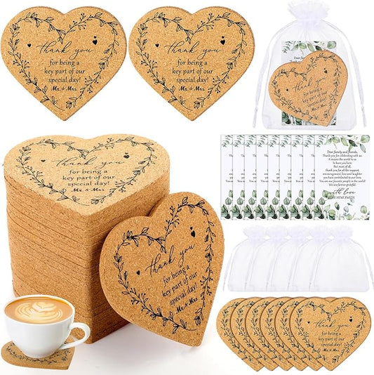 100 Sets Rustic Wedding Favor Coasters, Heart Cork Coasters for Guests, Mr & Mrs Coaster Favors with Thank You Cards & Organza Bags, Bridal Shower Party