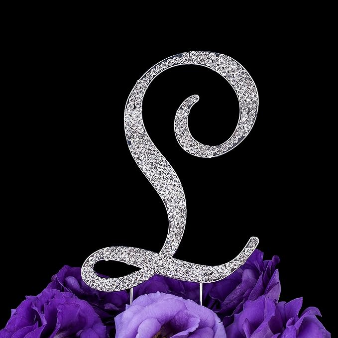 LOVENJOY Gift-Boxed 3.5" Rhinestone Letter L Cake Topper Silver