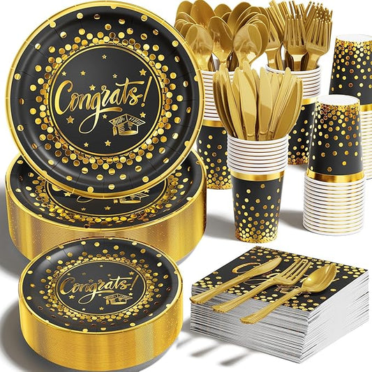 Ecomore 2026 Graduation Party Decoration - 350 PCS Black Gold Grad Supplies Disposable Dinnerware (Severs 50) w/ Congrats Paper Plates Napkin Cup Plastic Cutlery for College High School Class of 2026