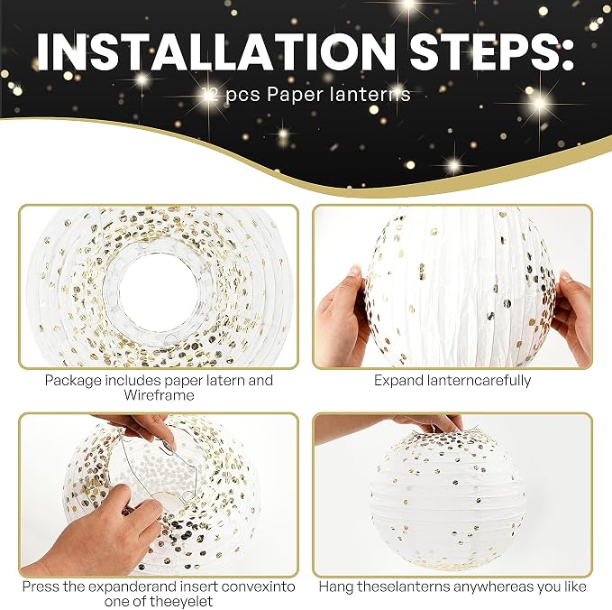 Black and Gold Hanging Paper Lanterns Decorations Graduation 2026 12pcs Paper Lanterns Decorative for Great Gatsby Theme Birthday Retirement Party Decorations