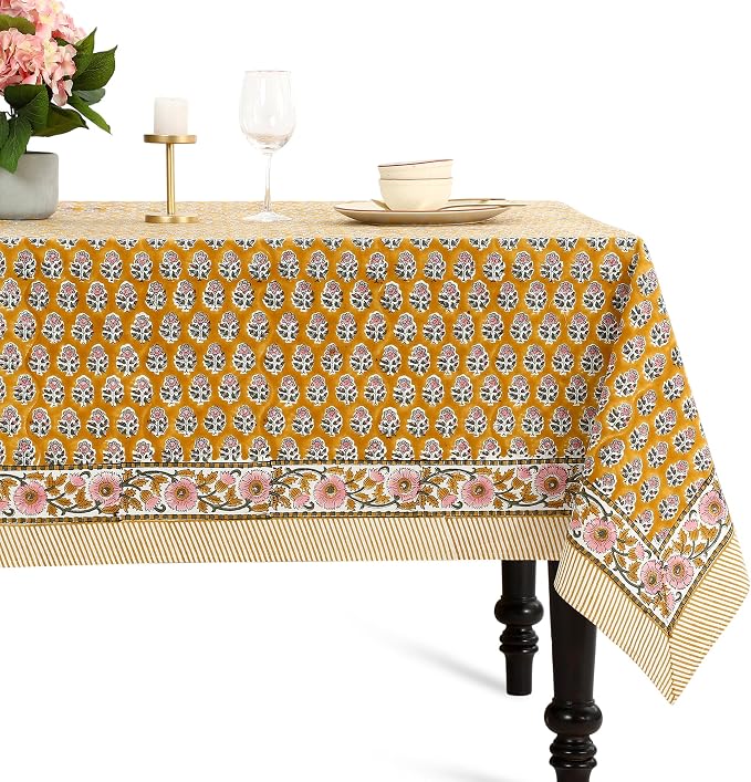 CPC Tablecloth 100% Cotton 80x120 Inch Indian Block Print Rectangle Table Cover, Gray Table Cloth for Weddings, Spring/Summer, Barbeque - Yellow Citrine