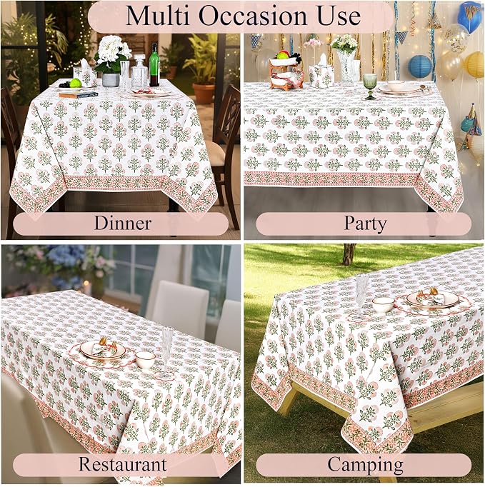 Ridhi Mughal Buta Peach Hand Block Print Cotton Rectangle Tablecloth 108" x 60" inches Reusable Table Cover Decorative Everyday Use for Dining Room, Farmhouse, Home Gift for Spring, Mother's Day