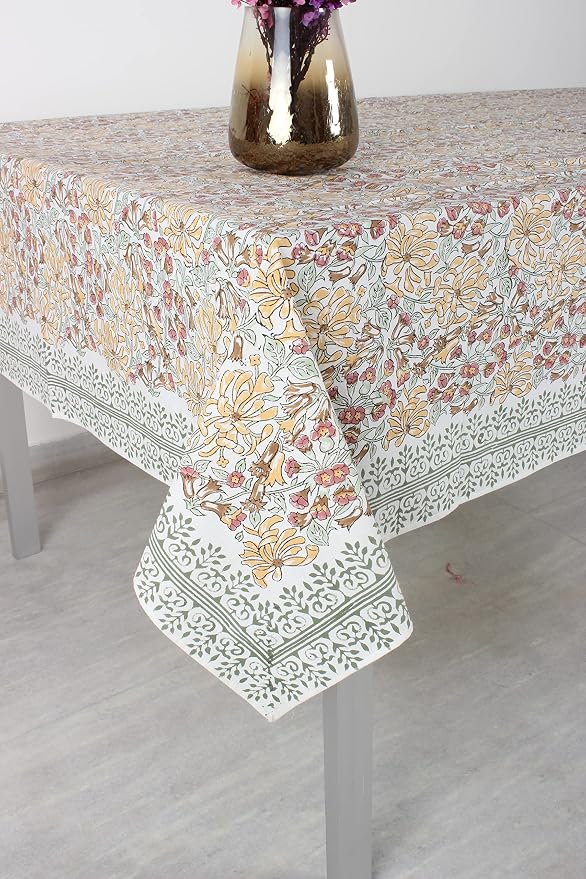Ridhi Canary Yellow Mint Green Block Print Cotton Rectangle Tablecloth 120" x 80" inches Reusable Table Cover Decorative Everyday Use for Dining Room, Farmhouse, Home Gift for Spring, Mother's Day