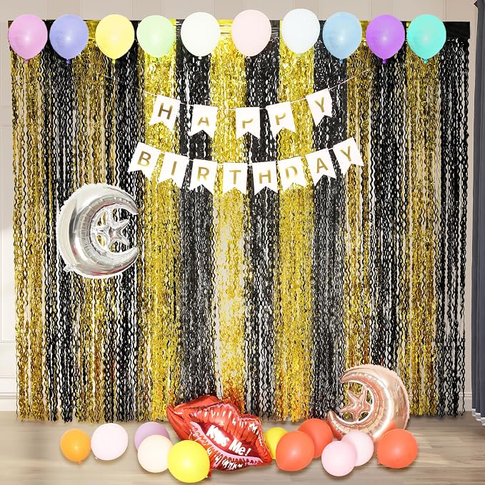 KEEUH 4 Pack Black and Gold Wavy Foil Fringe Curtains Pirthday Decorations,3.3 ft x 6.6 ft Metallic Foil Curtains Streamers for Party Photo Booth Props Background Decoration
