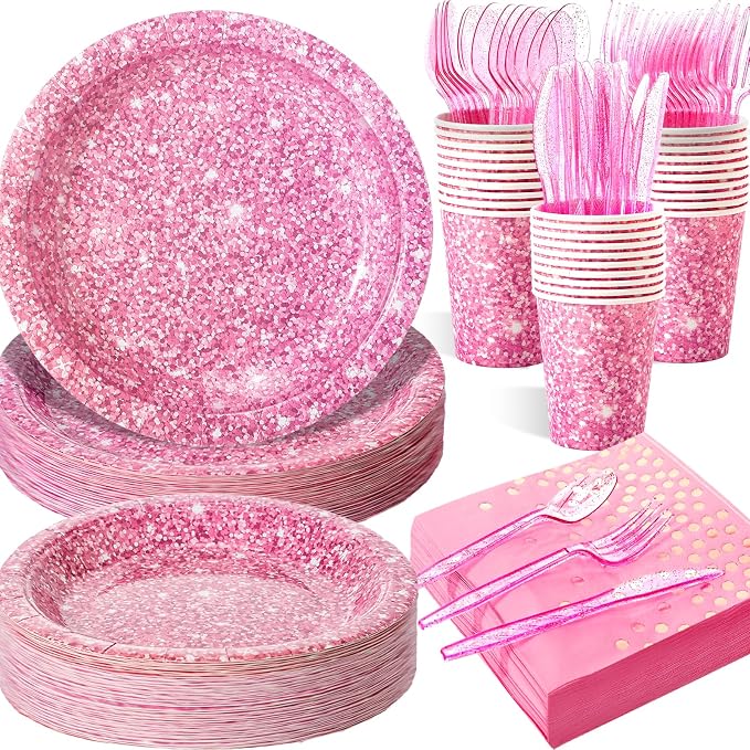 Hushee 175 Pcs 25 Guests Pink Paper Party Plates and Cups Napkins Sets Holographic Glitter Disposable Dinnerware Plastic Forks Knives Spoons Birthday Bachelorette Wedding Party Supplies