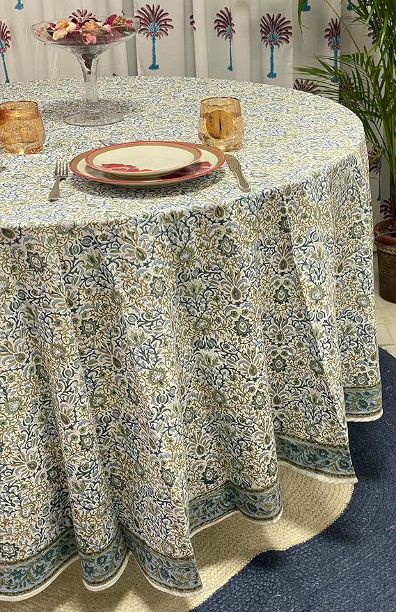 Ridhi Round Tablecloth Hand Block Print 100% Cotton Reusable Indigo Flower 60 Inch Table Cover Decorative Everyday Use for Dining, Home, Party, Wedding, Farmhouse, Party Gift for Spring, Mother's Day