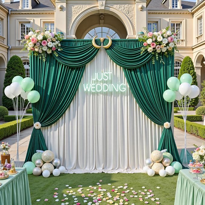 12ft x 10ft Wrinkle Free Hunter Green Backdrop Curtains for Parties, Silky Photo Backdrop Drapes 12FT Long Back Drop Cloth for Wedding Birthday Photography Background Decor