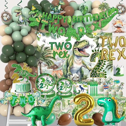 Dinosaur 2nd Party Decorations,2nd Birthday Decorations For Boys,Two Rex 2nd Birthday Party Dinosaur Decorations include Dino Balloon Arch Backdrop Cake Topper Plates Napkins and Cups