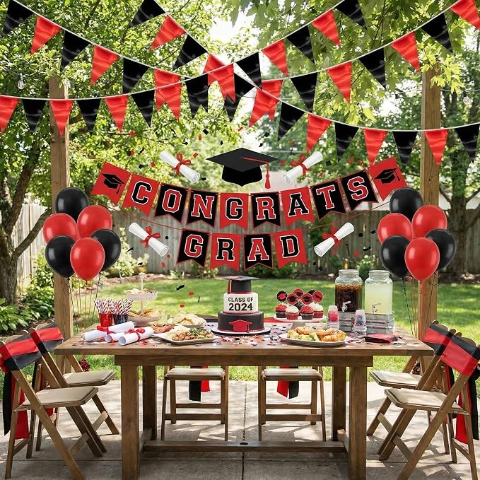 130FT Red Black Triangle Pennant Banner Flag Metallic Fabric Bunting Garland for Christmas Graduation Bachelorette Anniversary Birthday Engagement Wedding Anniversary Casino Party Decorations Supplies