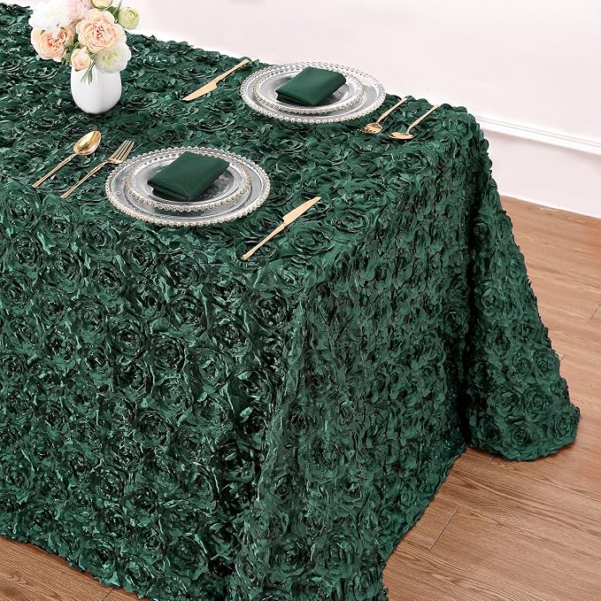 B-COOL Tablecloth Rosette Dark Green 60x102 Inch 3D Floral Satin Rectangle Table Fabric Overlay for Birthday Holiday Party Photography Table Decorations