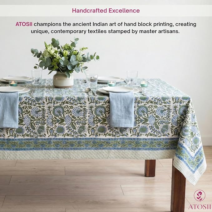 ATOSII Clover Blue 100% Cotton Rectangle Tablecloth, Handblock Floral Print Linen Table Cloth for Kitchen Dining I Parties, Outdoors, Fall Christmas Thanksgiving Holidays I 72 X 108 Inches I 8 Seater