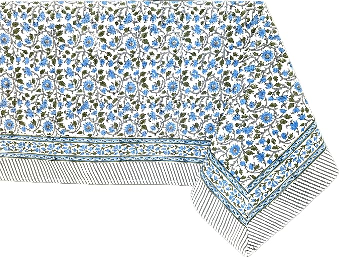 ATOSII Lake Como 100% Cotton Square Summer Tablecloth, Block Print Floral Linen Table Cloth for Kitchen Dining Table I Parties Weddings Outdoors I 60 X 108 Inches I 8 Seater I
