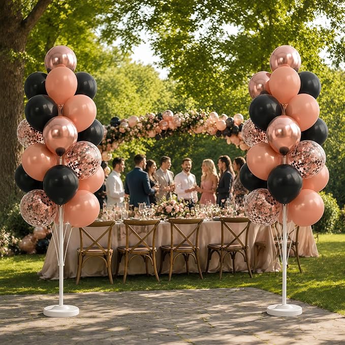 Hiins Balloon Column Kit Set of 2 With Balloons Included - with Base,Pole,Balloon Tower Backdrop Decoration for Wedding, Baby Shower,Birthday Party,Bachelorette Parties (3xRose Night Black)