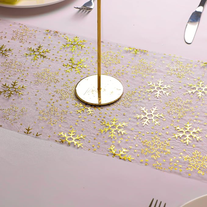 Snowkingdom 2 Pcs Christmas Snowflake Gold Table Runner Sparkly Golden Metallic Foil Runners Decorations Glitter for Winter Festival Holiday Home Party Seasonal